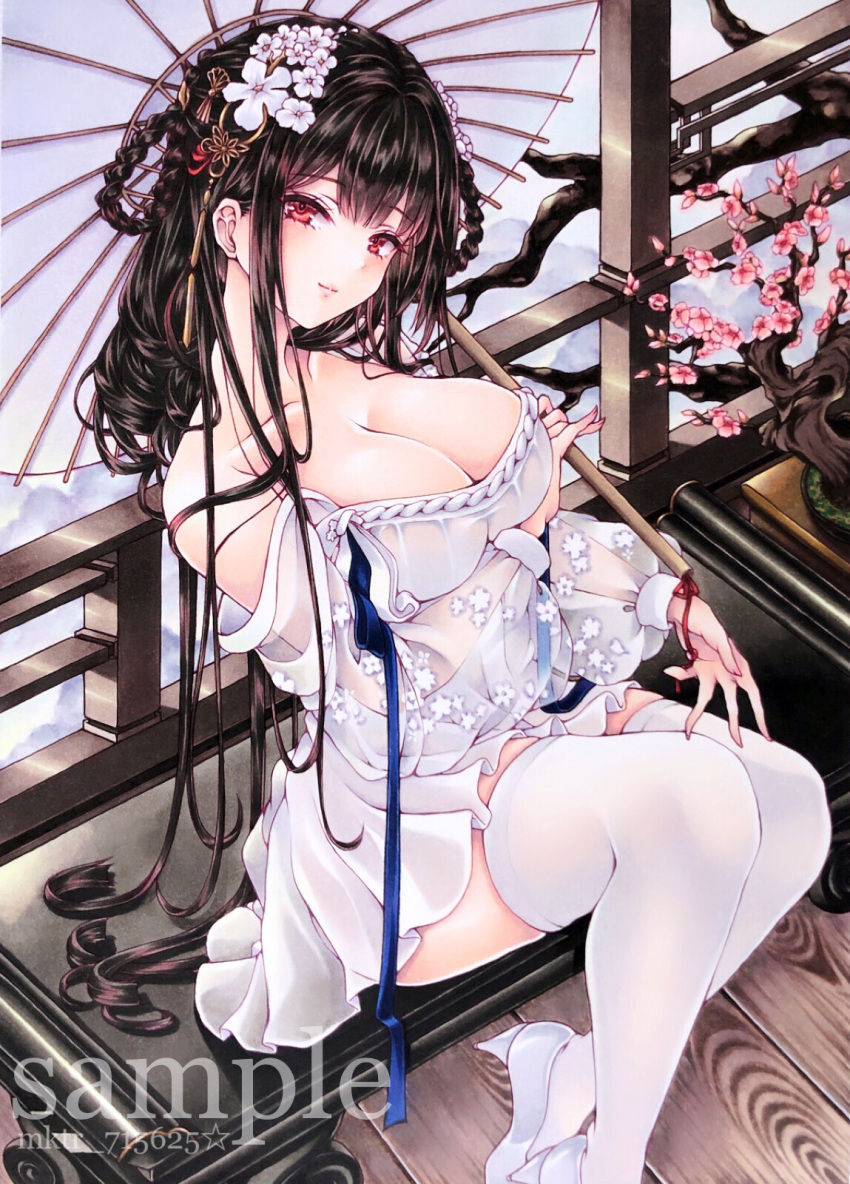 azur_lane black_hair bonsai braid braided_hair_rings breasts chinese_clothes cleavage collarbone dress female flower foot_out_of_frame hair_flower hair_ornament hair_rings hanfu high_heels highres holding holding_umbrella large_breasts long_hair long_sleeves looking_at_viewer mktr_(princess_mktr) official_alternate_costume official_alternate_hairstyle oil-paper_umbrella red_eyes sample_watermark see-through_clothes see-through_sleeves shoes sitting thighhighs umbrella very_long_hair watermark white_dress white_footwear white_thighhighs white_umbrella yat_sen_(azur_lane) yat_sen_(paragon_of_celestial_grace)_(azur_lane)