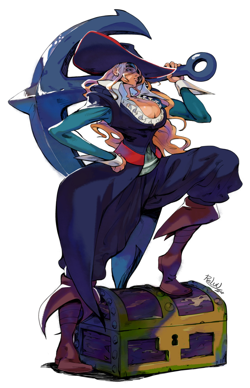 absurdres anchor artist_name big_hair blonde_hair blue_eyes boots breasts brown_footwear cleavage english_commentary eyepatch female frilled_shirt_collar frills hat hat_over_eyes highres holding holding_anchor large_breasts long_hair long_sleeves marvel_vs._capcom marvel_vs._capcom_2 pants pants_tucked_in pirate pirate_hat puffy_pants relusionh ruby_heart signature simple_background solo sombrero standing treasure_chest tricorne weapon white_background