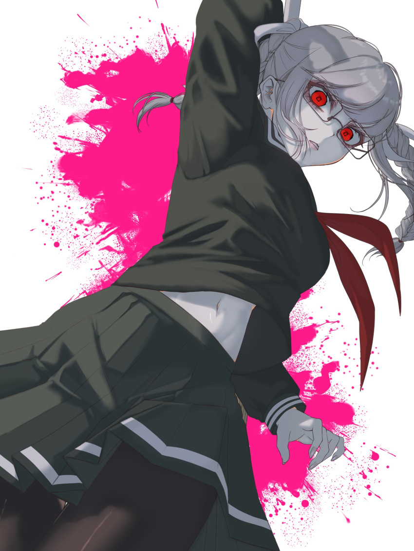 absurdres arm_up black_pantyhose black_shirt black_skirt braid danganronpa_(series) danganronpa_2:_goodbye_despair female from_below glasses grey_background grey_hair highres holding holding_weapon looking_down mi_loveyouuu navel pantyhose pekoyama_peko pink_background pleated_skirt red_eyes rimless_eyewear shirt skirt solo twin_braids twintails weapon