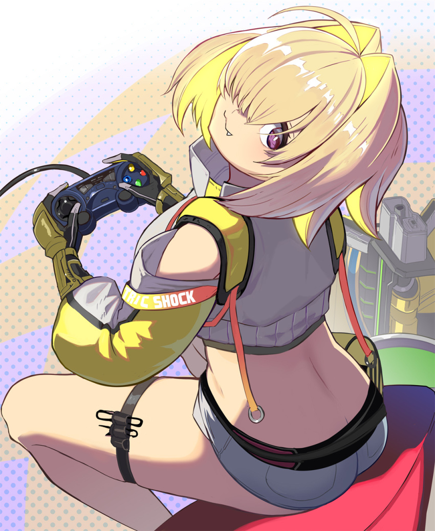 :3 black_sports_bra blonde_hair boomstick_(nikke) breasts butt_crack clothing_cutout controller crop_top crop_top_overhang cropped_sweater elegg_(nikke) exposed_pocket fanny_pack female fingerless_gloves game_controller gloves goddess_of_victory:_nikke grey_shorts gun hair_intakes hair_over_one_eye highres holding holding_controller holding_game_controller large_breasts long_bangs looking_back multicolored_clothes multicolored_gloves multicolored_hair oerba_yun_fang playing_games polka_dot polka_dot_background purple_eyes shorts shoulder_cutout sitting solo sports_bra suspender_shorts suspenders syope thigh_strap two-tone_hair weapon