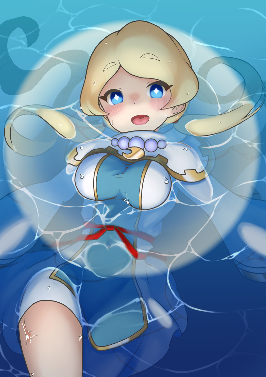 absurdres afloat belt blonde_hair blue_eyes breasts bright_pupils commentary_request cowboy_shot crescent cropped_legs diamond-shaped_pupils diamond_(shape) dress fantasy_life female floating_breasts highres jewelry kurushima_gire light_blush long_hair looking_at_viewer mantle medium_breasts necklace open_mouth pearl_necklace red_belt smile solo symbol-shaped_pupils tongue twintails underwater very_long_hair water_drop white_dress white_pupils yuelia_(fantasy_life)