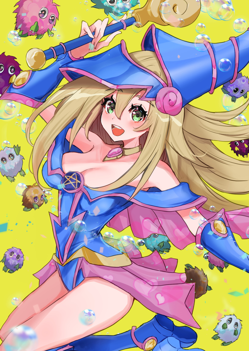 bare_shoulders blonde_hair blue_footwear blue_headwear blush blush_stickers boots breasts bubble choker cleavage dark_magician_girl duel_monster female green_eyes hair_between_eyes hat highres holding holding_wand kuriboh large_breasts long_hair looking_at_viewer noppe open_mouth showgirl_skirt smile staff wand wizard_hat yellow_background yu-gi-oh!