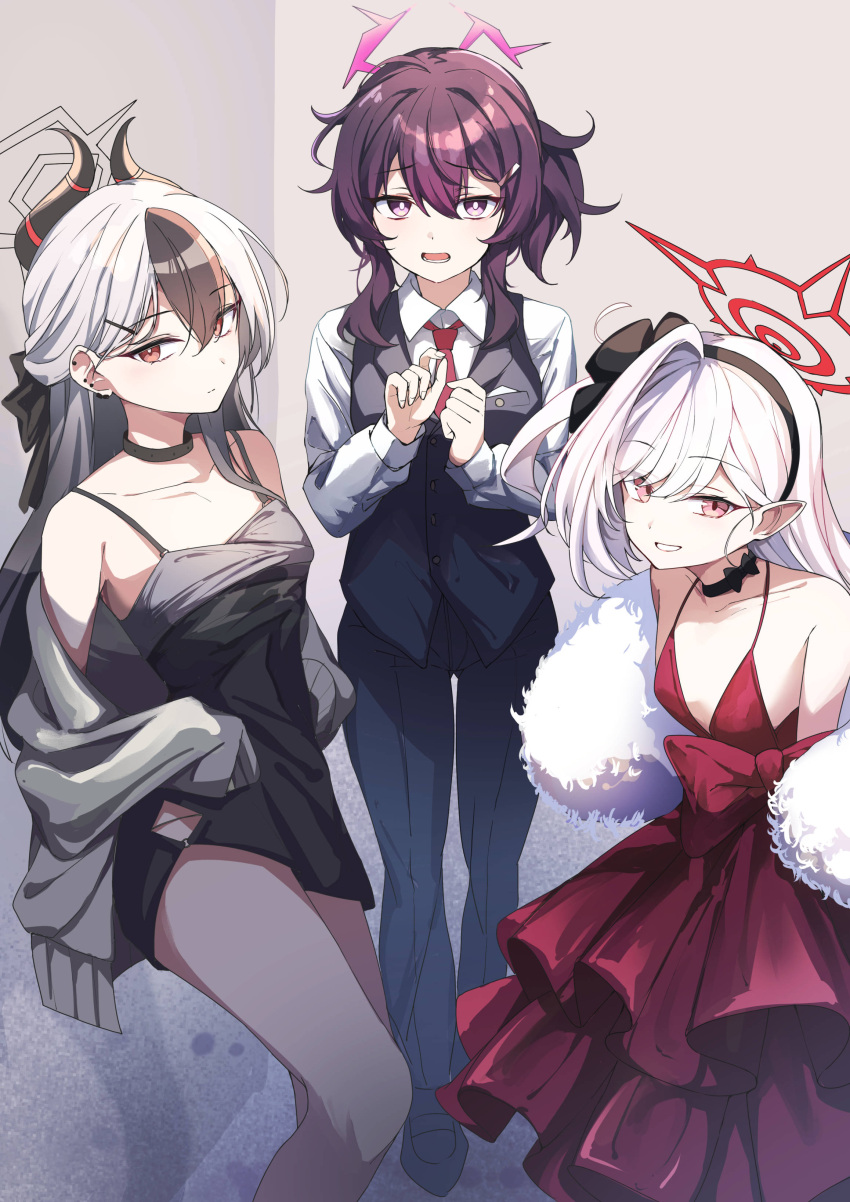 3girls absurdres bare_shoulders black_choker black_hair black_hairband black_pants black_vest blue_archive breasts choker collarbone commentary dress feather_boa feet_out_of_frame grey_jacket grin hairband halo haruka_(blue_archive) haruka_(suit)_(blue_archive) highres jacket kayoko_(blue_archive) kayoko_(dress)_(blue_archive) kiyakyuu long_hair long_sleeves looking_at_viewer multicolored_hair multiple_girls mutsuki_(blue_archive) mutsuki_(dress)_(blue_archive) necktie off_shoulder official_alternate_costume open_clothes open_jacket pants pointy_ears purple_eyes purple_hair red_dress red_eyes red_necktie shirt short_dress side_ponytail sleeveless sleeveless_dress small_breasts smile standing thighs two-tone_hair very_long_hair vest white_hair white_shirt