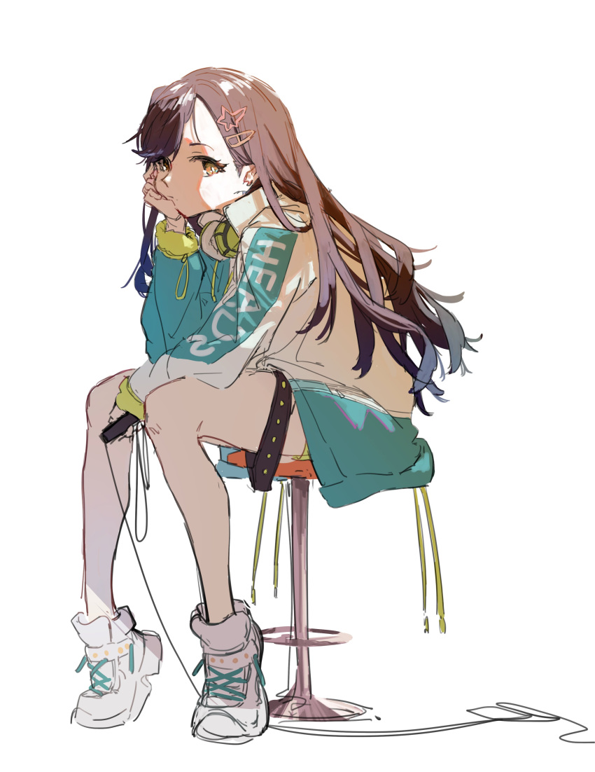 absurdres black_hair blue_jacket commentary female green_shorts hair_ornament hairclip head_rest headphones headphones_around_neck highres holding holding_microphone jacket kurattes long_hair long_sleeves looking_at_viewer microphone microphone_cord multicolored_clothes multicolored_jacket project_sekai shiraishi_an shoes shorts sitting sneakers solo star_(symbol) star_hair_ornament stool two-tone_jacket white_footwear white_jacket yellow_eyes