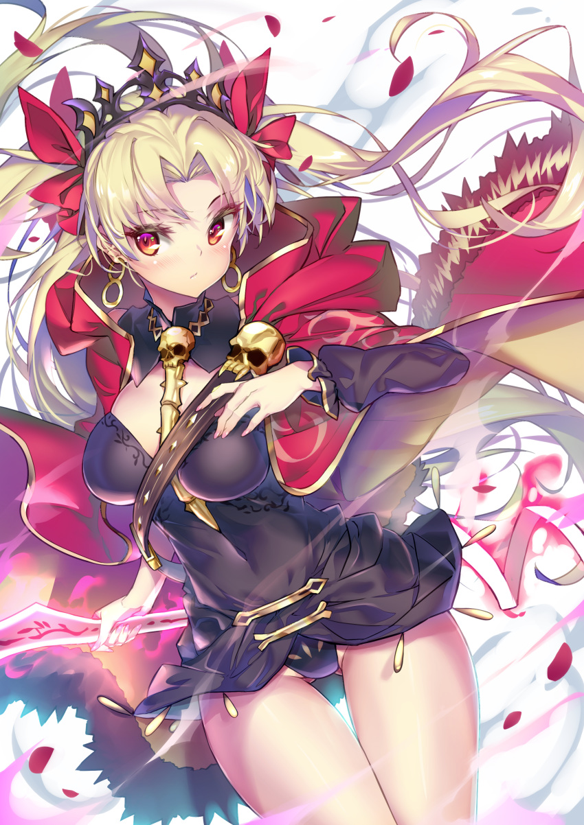 :/ absurdres ass_visible_through_thighs asymmetrical_sleeves between_breasts blonde_hair blush breasts cloak closed_mouth covered_navel cowboy_shot earrings ereshkigal_(fate) falling_petals fate/grand_order fate_(series) female flaming_weapon floating_hair fur-trimmed_cloak fur_trim glowing glowing_weapon gold gold_trim hair_ornament hair_ribbon highres holding holding_weapon hong_(white_spider) hood hood_down hooded_cloak hoop_earrings infinity_symbol jewelry long_hair long_sleeves looking_to_the_side medium_breasts meslamtaea_(weapon) necklace orange_eyes paid_reward parted_bangs patreon_reward petals red_cloak red_eyes red_ribbon ribbon sidelocks single_sleeve skull skull_ornament solo spine thigh_gap tiara two-sided_cloak two-sided_fabric two_side_up very_long_hair weapon yellow_cloak