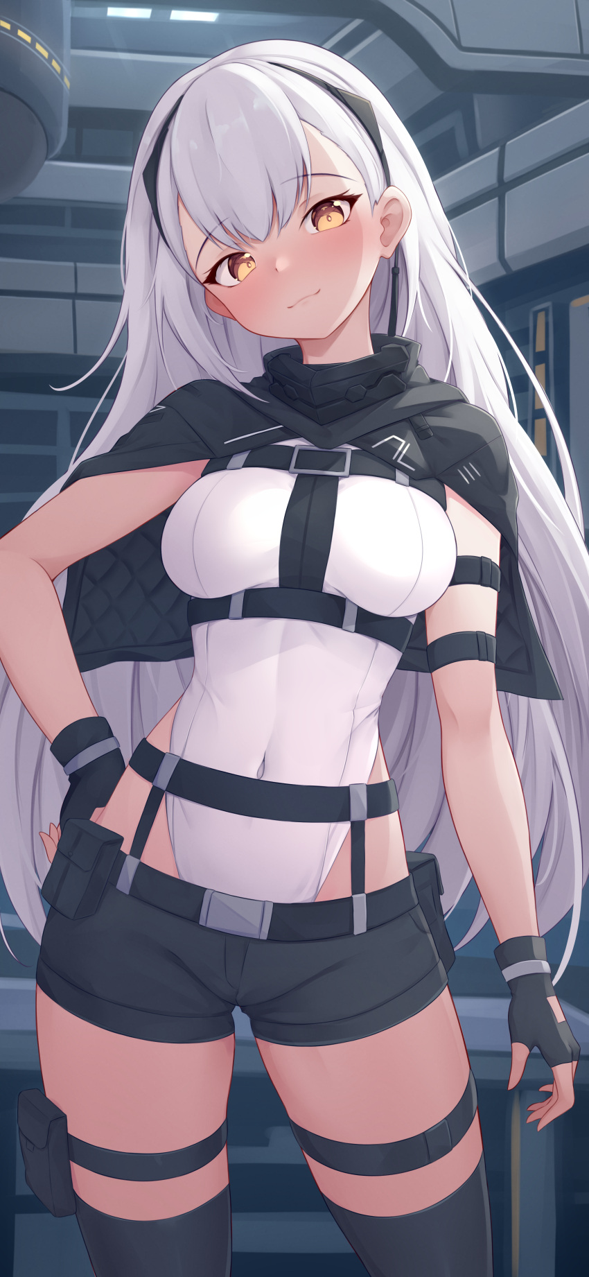 absurdres ak-alfa_(girls'_frontline) arm_strap belt belt_pouch black_capelet black_gloves black_hairband black_shorts black_thighhighs blush breasts brown_eyes capelet closed_mouth contrapposto cowboy_shot female fingerless_gloves framed_breasts girls'_frontline girls'_frontline_2:_exilium gloves hairband highres indoors leotard long_hair looking_at_viewer medium_breasts pouch short_shorts shorts smile solo thigh_strap thighhighs trimbil very_long_hair white_hair white_leotard