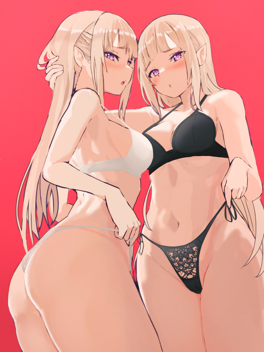 2girls absurdres ass black_bra black_panties blush bra breasts chestnut_mouth cleavage emilia_(re:zero) grey_hair hair_behind_ear hand_on_another's_head highres long_hair looking_at_viewer medium_breasts multiple_girls navel panties pink_background pointy_ears purple_eyes re:zero_kara_hajimeru_isekai_seikatsu satella_(re:zero) side-tie_panties sidelocks simple_background stomach strap_pull thighs underwear white_bra white_panties zerobarto