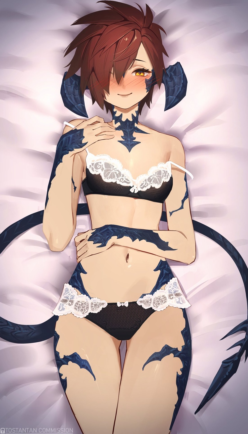 au_ra bare_shoulders bed_sheet black_bra black_panties blush bra breasts closed_mouth dragon_girl dragon_horns dragon_tail female final_fantasy final_fantasy_xiv hair_over_one_eye highres horns looking_at_viewer lying navel on_back original panties red_hair scales short_hair small_breasts smile solo strap_slip tail tostantan underwear underwear_only variant_set warrior_of_light_(ff14) yellow_eyes