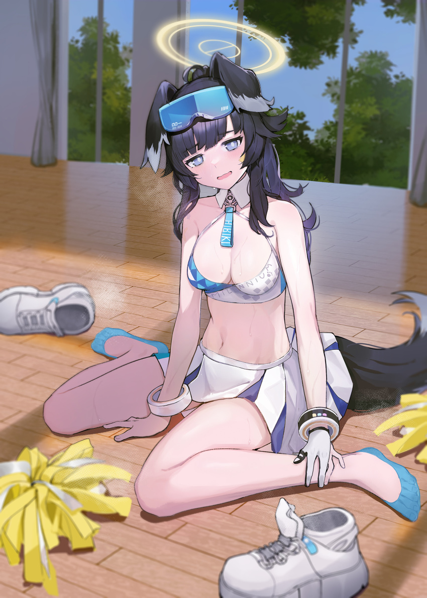 animal_ears bare_shoulders blue_archive blurry blurry_foreground breasts character_name cheerleader clothes_writing crop_top curtains dog_ears dog_tail eyewear_on_head female full_body gloves halo heavy_breathing hibiki_(blue_archive) hibiki_(cheer_squad)_(blue_archive) highres indoors long_hair looking_at_viewer medium_breasts millennium_cheerleader_outfit_(blue_archive) miniskirt navel no_shoes official_alternate_costume oooomiga open_mouth pom_pom_(cheerleading) shoes single_glove sitting skirt solo sweat tail tree unworn_shoes wariza wavy_mouth white_footwear white_gloves white_skirt window wooden_floor