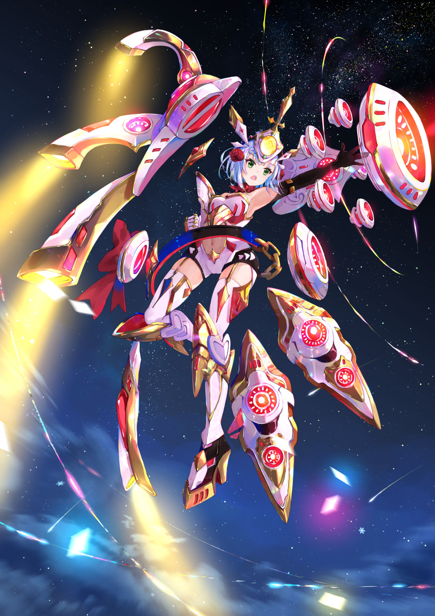 :o absurdres alternate_costume armored_boots black_gloves blunt_bangs boots cloud cloudy_sky commentary_request covered_navel elbow_gloves female garter_straps genshin_impact gloves headgear highres leotard machinery mecha_musume noelle_(genshin_impact) short_hair sidelocks sky solo star_(sky) starry_sky strapless strapless_leotard white_leotard you_cao_xi