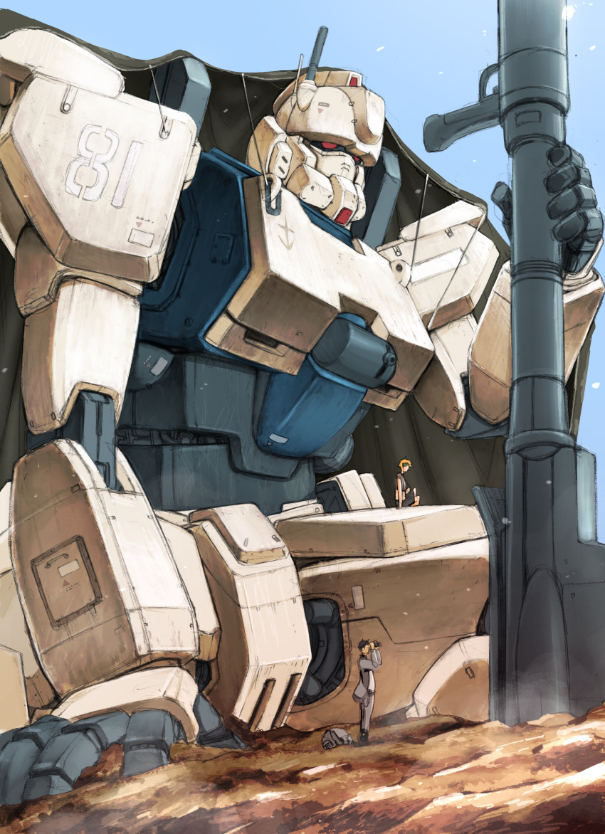 1boy absurdres beige_jacket binoculars black_hair earth_federation female green_headband green_tank_top grey_pants gun gundam gundam_08th_ms_team gundam_ez8 headband highres holding holding_binoculars holding_gun holding_weapon kiki_rosita mecha military military_uniform mobile_suit orange_hair pants robot science_fiction shiro_amada sitting standing takagi_shuei tank_top uniform weapon