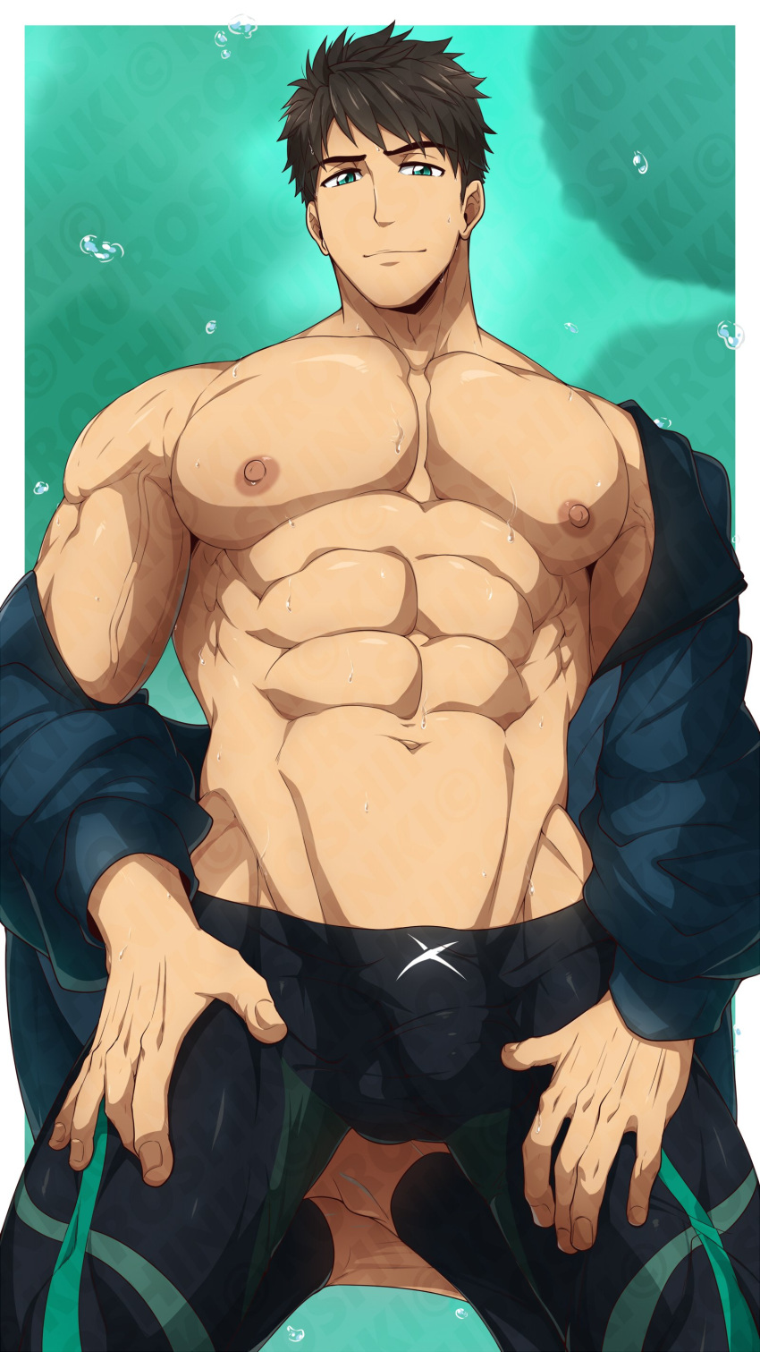 1boy abs absurdres bara bare_pectorals black_hair black_jacket black_male_swimwear closed_mouth free! green_eyes highres jacket kneeling kuroshinki large_pectorals legskin male_focus male_swimwear muscular muscular_male navel nipples open_clothes open_jacket paid_reward_available pectorals short_hair solo variant_set yamazaki_sousuke