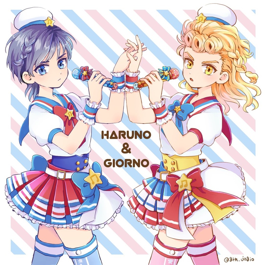 2boys aged_down black_hair blonde_hair blue_eyes character_name closed_mouth commentary_request crossdressing dual_persona frilled_skirt frills giorno_giovanna grm_jogio hand_up haruno_shiobana hat holding holding_hands holding_microphone jojo_no_kimyou_na_bouken long_hair looking_at_viewer male_focus microphone multicolored_clothes multicolored_skirt multiple_boys sailor_collar short_hair short_sleeves skirt thighhighs vento_aureo yellow_eyes