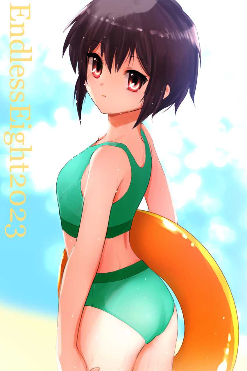 2023 ass bikini closed_mouth commentary_request endless_eight expressionless female from_behind green_bikini hair_between_eyes highres holding holding_swim_ring innertube looking_at_viewer looking_to_the_side nagato_yuki orange_innertube purple_eyes purple_hair short_hair solo standing suzumiya_haruhi_no_yuuutsu swim_ring swimsuit tanaka_yutaka