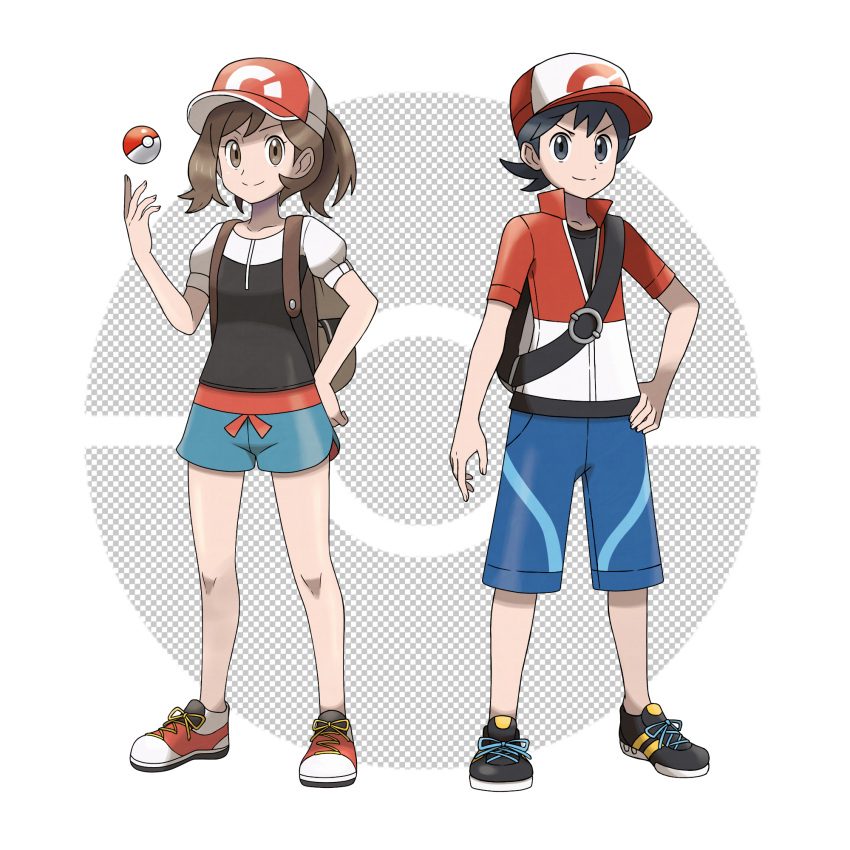 1boy asatsuki_(fgfff) baseball_cap black_footwear black_hair black_shirt blue_shorts brown_eyes brown_hair chase_(pokemon) closed_mouth collarbone commentary_request elaine_(pokemon) eyelashes female fingernails full_body hand_on_own_hip hand_up hat highres jacket knees looking_at_viewer no_socks official_style poke_ball poke_ball_(basic) pokemon pokemon_lgpe red_headwear shirt shoes short_sleeves shorts smile sneakers split_mouth standing