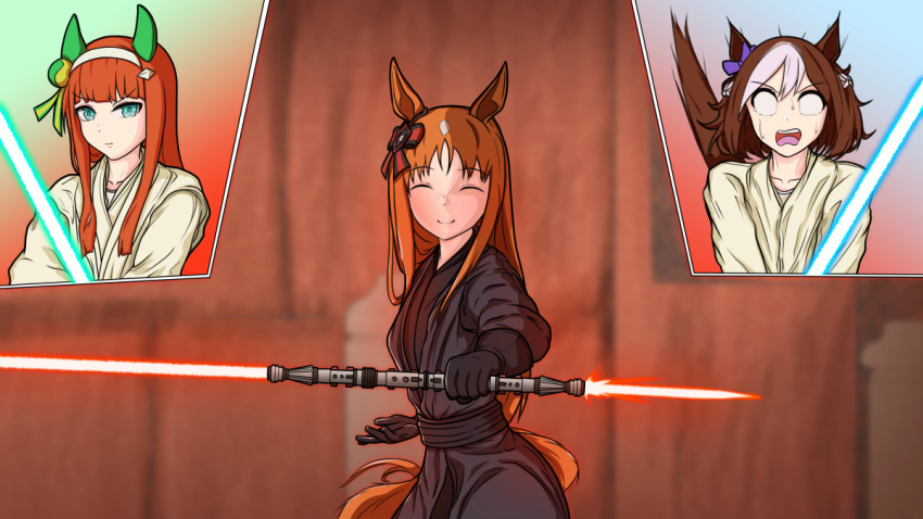 3girls animal_ears aqua_eyes beckoning black_gloves black_robe blue_lightsaber blunt_bangs braid brown_hair closed_eyes collarbone commentary cosplay ctn_sasuke darth_maul darth_maul_(cosplay) double_bladed_lightsaber ear_covers energy_sword false_smile french_braid gloves grass_wonder_(umamusume) green_lightsaber hair_ribbon hairband holding_lightsaber horse_ears horse_girl horse_tail lightsaber long_hair multicolored_hair multiple_girls no_pupils obi-wan_kenobi obi-wan_kenobi_(cosplay) orange_hair parody qui-gon_jinn qui-gon_jinn_(cosplay) red_lightsaber ribbon robe sash scene_reference sidelocks silence_suzuka_(umamusume) smile special_week_(umamusume) star_wars star_wars:_the_phantom_menace sword tail tail_raised two-tone_hair umamusume weapon white_hair