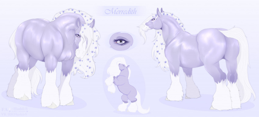 ass draft_horse equid equine eyelashes female feral fetlocks flower_in_mane fur glistening glistening_eyes horse huskii-s mammal mane merredith_(merredithmare) model_sheet purple_body purple_eyes quadruped solo tail white_body white_fur white_mane white_tail