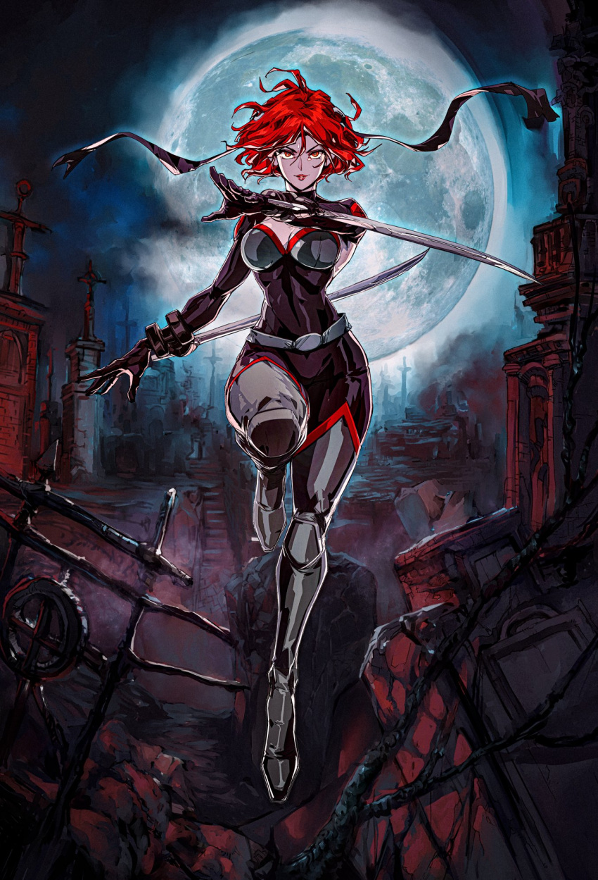 1990s_(style) arm_blade armored_boots black_bodysuit black_gloves bloodrayne bloodrayne_(videogame) bodysuit boots breasts cleavage commentary curvy david_liu dual_wielding english_commentary female full_body full_moon gloves graveyard headband highres holding knee_pads large_breasts moon night official_art pale_skin red_eyes red_hair red_lips retro_artstyle short_hair solo vampire weapon wide_hips