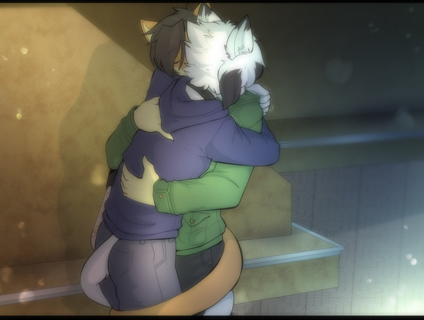 5_fingers anthro black_hair blue_clothing blue_topwear bottomwear clothed clothing domestic_cat duo ereki_kagami felid feline felis fingers green_clothing green_topwear hair hi_res hug male mammal munkeesgomu munks_(munkeesgomu) tail topwear white_hair