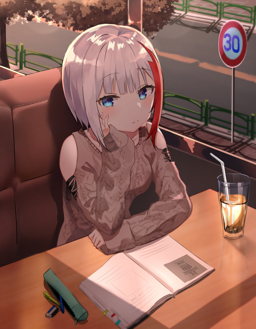 absurdres admiral_graf_spee_(azur_lane) admiral_graf_spee_(peaceful_daily_life)_(azur_lane) afe aran_sweater azur_lane blue_eyes blush breasts brown_sweater cable_knit clothing_cutout cup day drinking_glass drinking_straw female hair_ornament highres indoors long_sleeves looking_at_viewer medium_breasts multicolored_hair official_alternate_costume pen pencil pencil_case red_hair road road_sign short_hair shoulder_cutout sidewalk sign sitting solo speed_limit_sign streaked_hair street sweater table tree white_hair