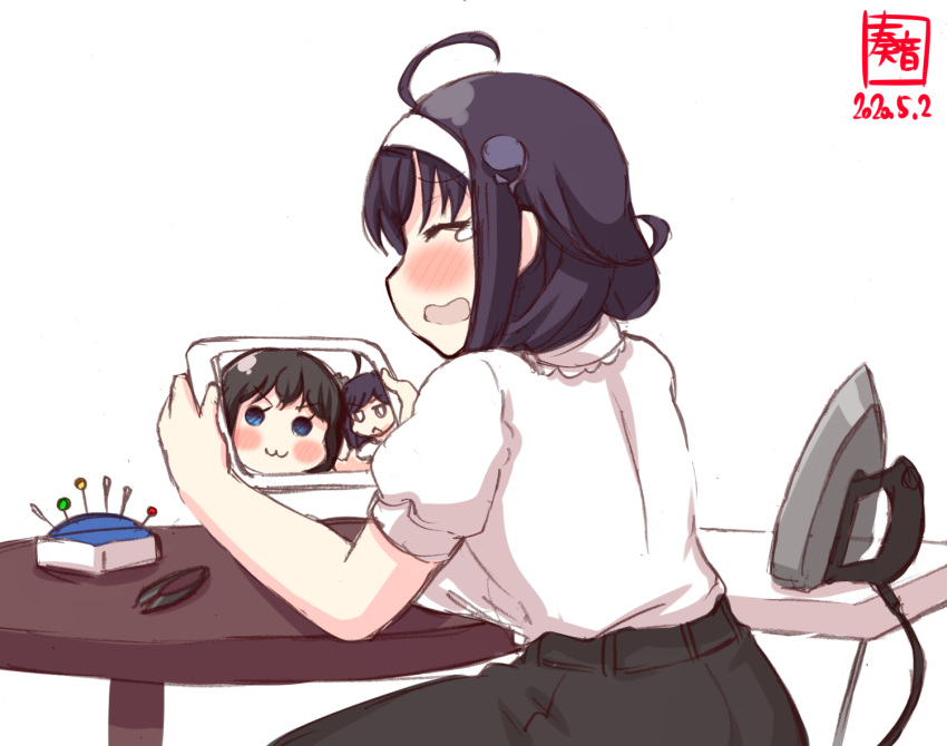 3girls :3 ahoge alternate_costume artist_logo black_hair blue_eyes brown_hair closed_eyes clothes_iron commentary_request crying dated hairband holding holding_tablet_pc ironing_board kanon_(kurogane_knights) kantai_collection long_hair multiple_girls needle open_mouth pincushion puffy_short_sleeves puffy_sleeves ryuuhou_(kancolle) sewing_pin shigure_(kancolle) shirt short_sleeves smile tablet_pc taigei_(kancolle) tears white_hairband white_shirt yamashiro_(kancolle)