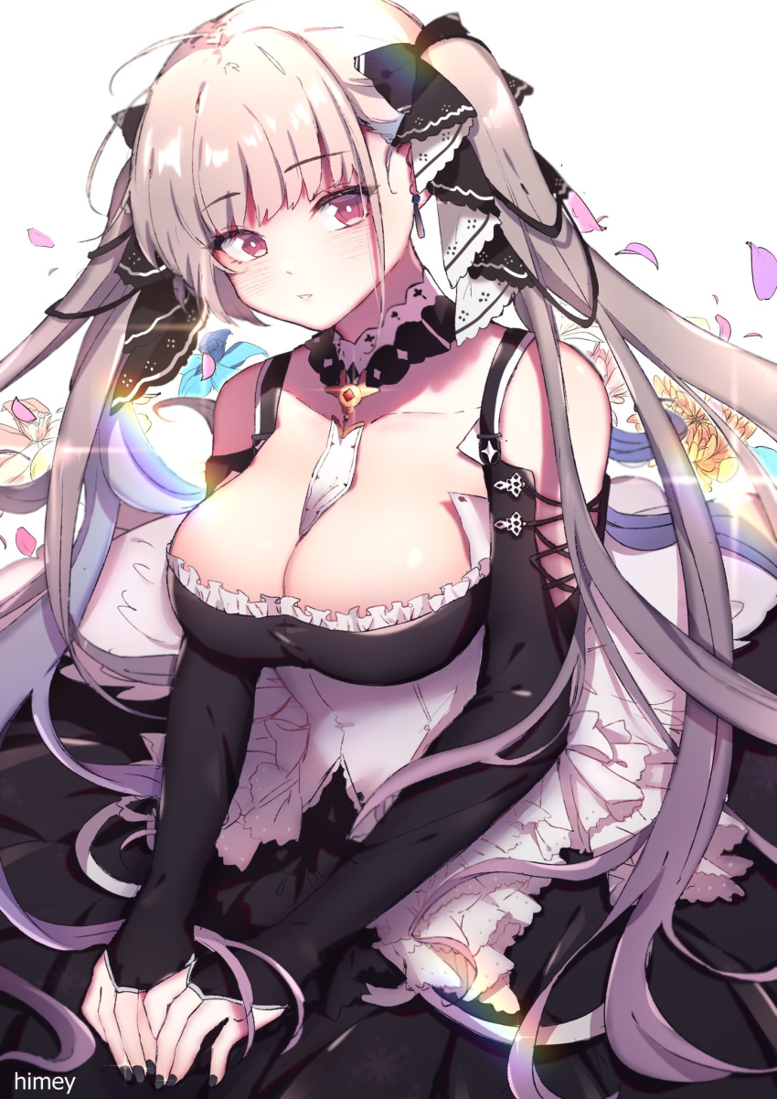 artist_name azur_lane bare_shoulders between_breasts black_bow black_dress black_nails blush bow breasts cleavage clenched_teeth commentary corset detached_sleeves dress earrings english_commentary female flower formidable_(azur_lane) frilled_dress frills grey_hair hair_ornament hairbow highres himey jewelry large_breasts layered_dress long_hair long_sleeves looking_at_viewer nail_polish petals red_eyes solo teeth twintails very_long_hair white_background wrist_cuffs