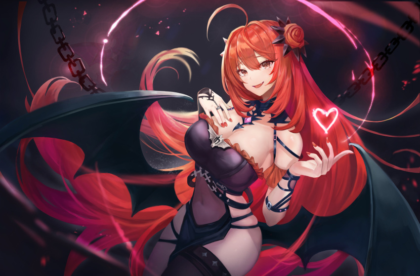 absurdres breasts chains cleavage clothing_cutout demon_girl demon_wings dress erze_(king's_raid) female hand_on_own_chest heart highres king's_raid large_breasts looking_at_viewer navel red_eyes red_hair seductive_smile see-through shinyu_xingyu side_cutout side_slit single_thighhigh smile solo thighhighs wings