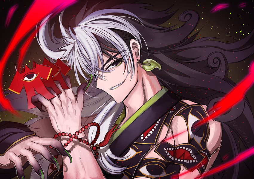 1boy alternate_hairstyle ashiya_douman_(fate) ashiya_douman_(second_ascension)_(fate) asymmetrical_hair black_eyes black_hair black_nails curly_hair earrings energy fate/grand_order fate_(series) fingernails green_nails hair_between_eyes hair_intakes holding jewelry long_hair magatama magatama_earrings male_focus multicolored_hair nonono_nagata official_alternate_costume onmyouji sharp_fingernails shikigami single_bare_shoulder solo split-color_hair toned toned_male two-tone_hair upper_body very_long_fingernails very_long_hair white_hair