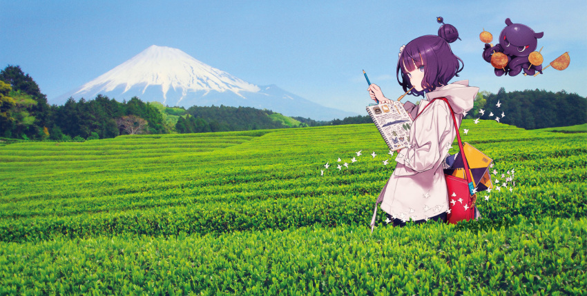 bag bird blue_sky blunt_bangs coat colored_pencil commentary_request cowboy_shot day eyebrows_hidden_by_hair fate/grand_order fate_(series) female field food forest from_side hair_bun hair_ornament hairpin half_updo highres holding holding_food holding_notebook holding_pencil hood hood_down hooded_coat hoodie katsushika_hokusai_(fate) katsushika_hokusai_(traveling_outfit)_(fate) kuroboshi_kouhaku long_sleeves looking_at_viewer mount_fuji mountain mouth_hold nature notebook octopus official_alternate_costume official_art outdoors pencil photo_(medium) photo_background pine_tree pink_coat purple_eyes purple_hair red_bag short_hair shoulder_bag sideways_glance single_hair_bun sketchbook skewer sky sleeves_rolled_up standing tokitarou_(fate) tree