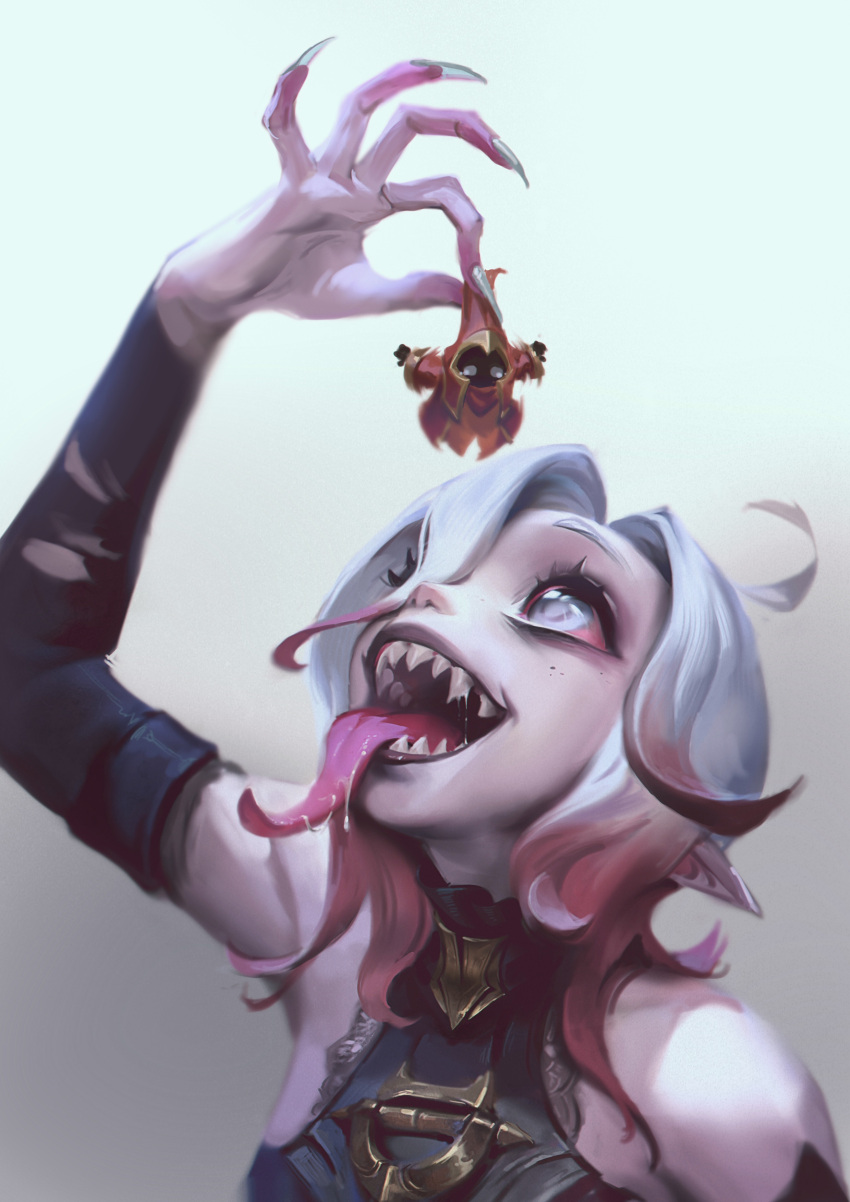 :d absurdres ahoge arm_up briar_(league_of_legends) colored_sclera detached_sleeves english_commentary female fingernails grey_background grey_eyes grey_hair hair_between_eyes highres hungry imminent_vore league_of_legends long_hair long_tongue looking_up mini_person miniboy minion_(league_of_legends) multicolored_hair nail_polish open_mouth pink_hair pointy_ears red_sclera saliva sharp_fingernails sharp_teeth simple_background size_difference smile solo_focus streaked_hair tears teeth tongue tongue_out two-tone_hair upper_body vampire vore white_eyes white_nails zoe_(crownsforkings)