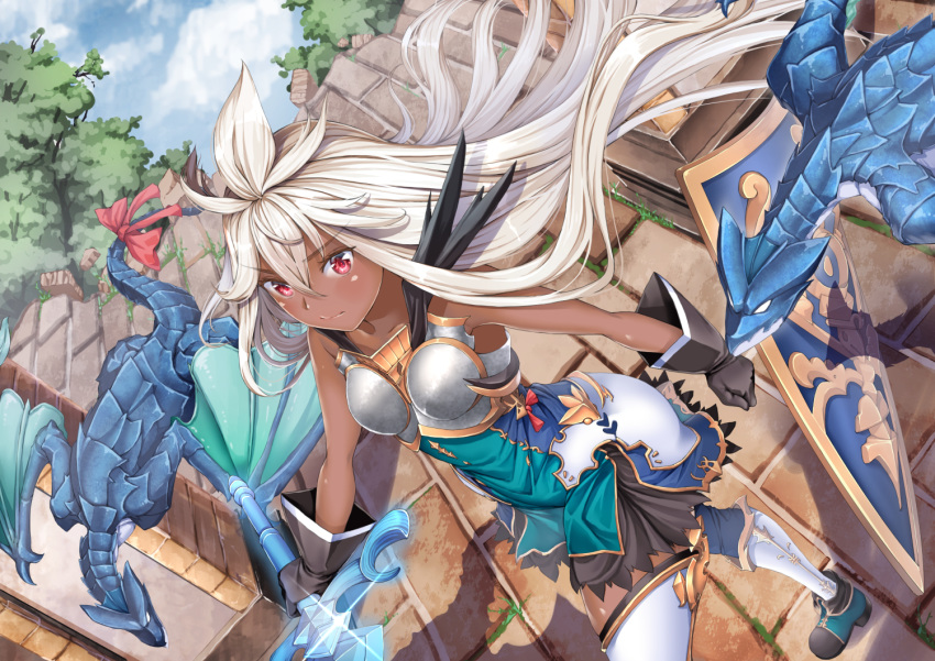 ahoge armor armored_dress ayase_tamaki bare_shoulders blue_dress blue_sky boots bow breastplate day dragon dress dutch_angle female granblue_fantasy hair_between_eyes holding holding_sword holding_weapon outdoors red_bow red_eyes shield short_dress sky solo sword tail tail_bow tail_ornament weapon white_hair zooey_(granblue_fantasy)