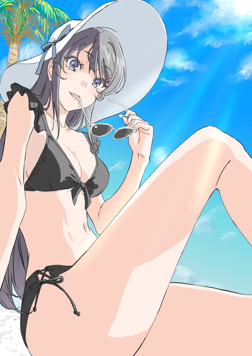 :d bikini black_bikini black_hair blue_bow blue_eyes bow breasts cleavage cloud collarbone eyewear_in_mouth female frilled_straps from_side front-tie_bikini_top front-tie_top hair_ornament hairclip hat hat_bow highres holding holding_removed_eyewear jpeg_artifacts leg_up light_rays long_hair medium_breasts mouth_hold navel outdoors palm_tree sakurajima_mai seishun_buta_yarou side-tie_bikini_bottom sitting sky smile solo sun_hat sunbeam sunglasses sunlight swimsuit tamura_satomi teeth tree unworn_eyewear upper_teeth_only very_long_hair white_hat