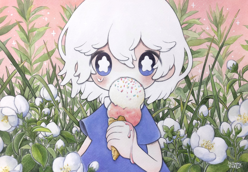 blue_hair blush bright_pupils covered_mouth dated double_scoop female flower food hair_between_eyes highres ice_cream ice_cream_cone leaf medium_hair melting original plant short_sleeves signature solo tears upper_body white_flower white_hair white_pupils zukky000