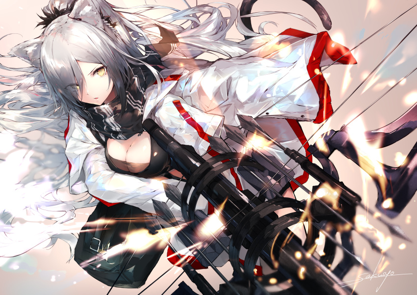 absurdres animal_ears arknights artist_name bow_(weapon) breasts cat_ears cat_tail cleavage commentary female grey_background grey_hair hair_over_one_eye highres jacket long_hair long_sleeves looking_at_viewer medium_breasts parted_lips sakusyo schwarz_(arknights) signature solo tail weapon white_jacket yellow_eyes