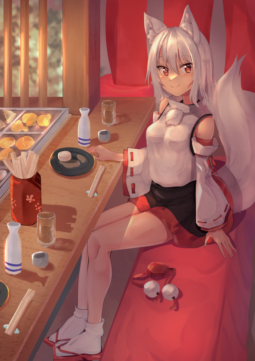 absurdres alcohol animal_ears bare_shoulders black_skirt booth_seating chopsticks closed_eyes closed_mouth detached_sleeves female food full_body genrou_mof geta highres inubashiri_momiji izakaya leaf looking_at_viewer maple_leaf noren oden plate red_eyes restaurant sake sandals shirt short_hair skirt smile solo tabi thighs tokkuri touhou white_hair white_legwear white_shirt white_sleeves wolf_ears wolf_girl