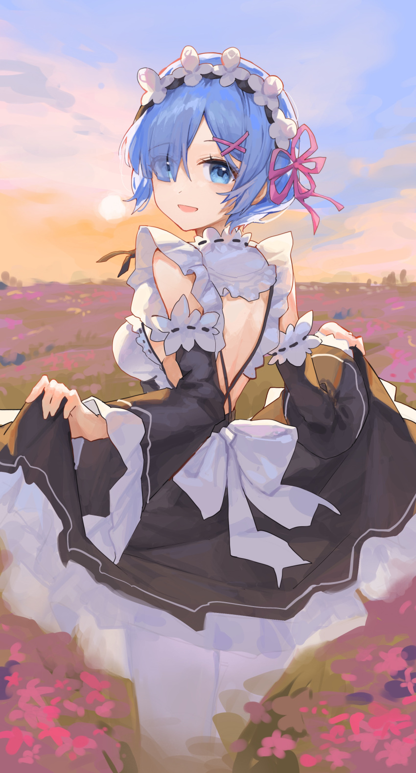 :d absurdres back_bow backless_dress backless_outfit bare_shoulders black_dress blue_eyes blue_hair bow breasts day detached_sleeves dress eyes_visible_through_hair female field flower flower_field frilled_sleeves frills gradient_sky hair_ornament hair_over_one_eye hairband hairclip highres lolita_hairband long_sleeves looking_at_viewer open_mouth outdoors pantyhose re:zero_kara_hajimeru_isekai_seikatsu rem_(re:zero) roswaal_mansion_maid_uniform sentter sideboob skirt_hold sky small_breasts smile solo sun white_bow white_pantyhose wide_sleeves x_hair_ornament