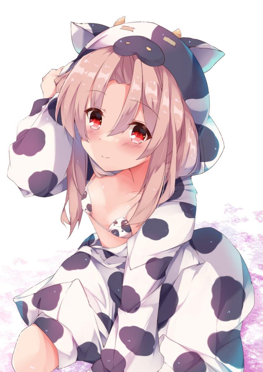 animal_ears animal_hood animal_print arm_up bikini blush breasts brown_hair closed_mouth commentary_request cow_ears cow_hood cow_horns cow_print dress fake_animal_ears fake_horns female fuuna hair_between_eyes highres hood hood_up hooded_dress horns kantai_collection long_hair long_sleeves looking_at_viewer parted_bangs print_bikini print_dress red_eyes seiza sitting small_breasts smile solo swimsuit white_background white_bikini white_dress zuihou_(kancolle)