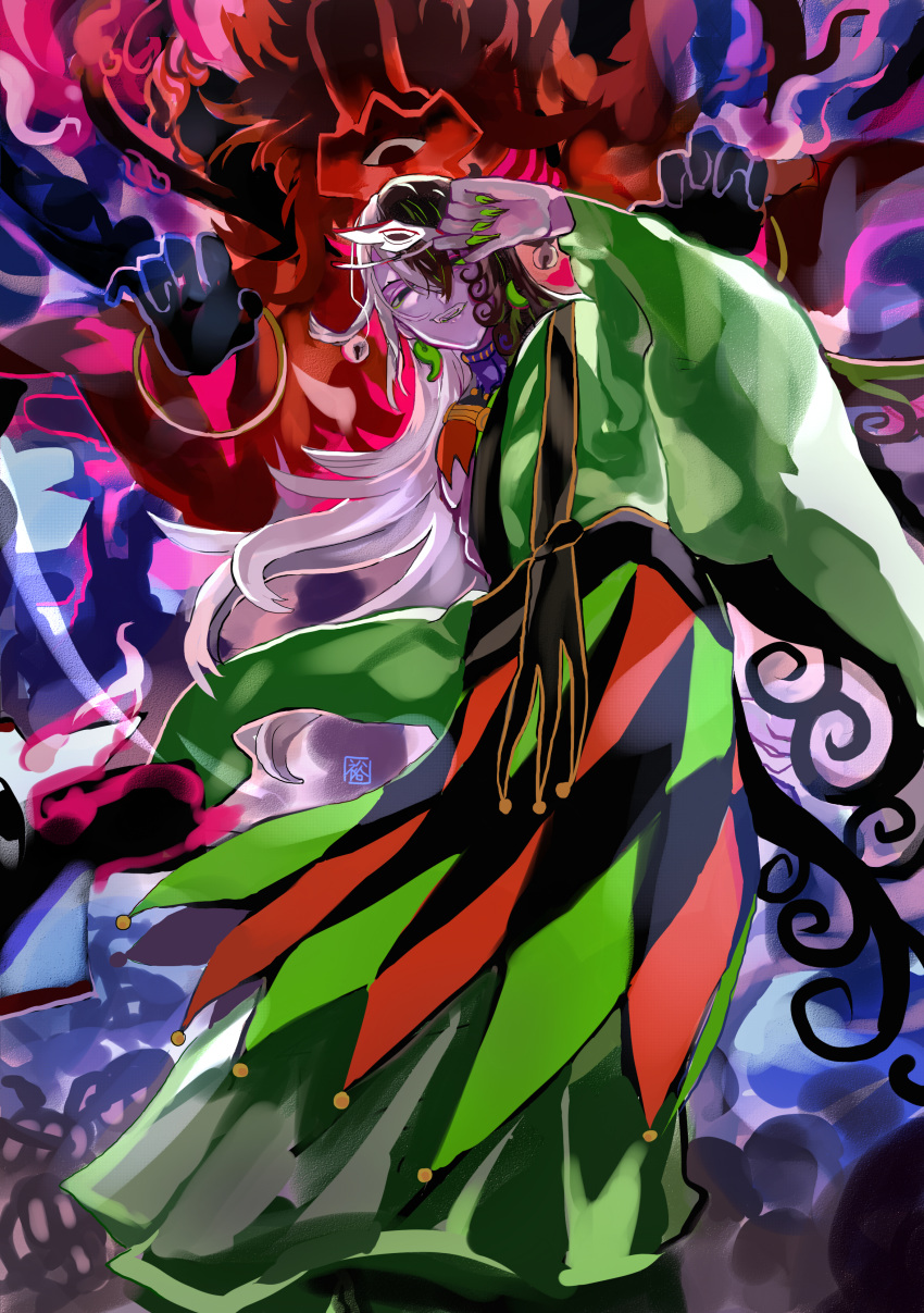 1boy absurdres akimitsu-dono ashiya_douman_(fate) asymmetrical_clothes asymmetrical_hair bell black_eyes black_hair claw_pose curly_hair earrings energy fate/grand_order fate_(series) feet_out_of_frame fingernails ghost green_kimono green_nails hadanugi_dousa hair_bell hair_between_eyes hair_intakes hair_ornament head_tilt highres japanese_clothes jewelry kimono leaning_to_the_side long_hair magatama magatama_earrings male_focus multicolored_hair onmyouji open_clothes open_kimono pectorals ribbed_sleeves sharp_fingernails shikigami smile solo toned toned_male two-tone_hair very_long_fingernails very_long_hair white_hair yuu_(pixiv769259)