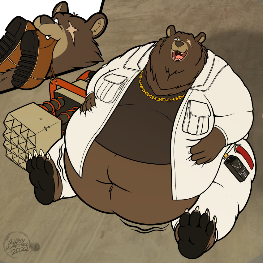 1:1 2022 4_toes 5_fingers absurd_res after_vore almost_fully_inside anthro barefoot bear belly ben_bigger big_belly black_pawpads boots bottomwear brown_body brown_clothing brown_fur brown_shirt brown_topwear clothing cutaway dralffeine duo exposed_belly eye_scar facial_scar feet fingers footwear fully_inside fur half-closed_eyes hand_on_belly hands_on_belly hi_res huge_belly jacket lidded_eyes looking_at_belly looking_down looking_down_at_self male mammal mihoyo narrowed_eyes navel obese obese_anthro obese_male open_mouth oral_vore overweight overweight_anthro overweight_male pants partially_inside pawpads pink_tongue scar shirt sitting solo solo_focus teeth toes tongue topwear vore weight_gain white_bottomwear white_clothing white_jacket white_pants white_topwear zenless_zone_zero