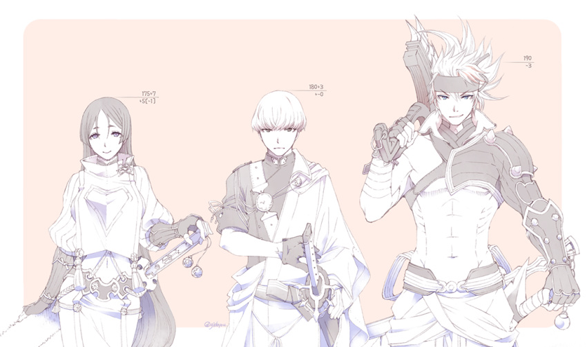 2boys :d armor artist_name axe bandages bare_pectorals bowl_cut contrapposto expressionless fate/grand_order fate_(series) female fingerless_gloves gloves hand_on_weapon height_chart height_difference japanese_clothes katana kimono loincloth long_hair looking_at_viewer mature_female messy_hair minamoto_no_raikou_(fate) monochrome multiple_boys muscular muscular_male obi osanai_satoru parted_bangs pectorals pink_background ribbed_sleeves ribbon sakata_kintoki_(fate) sakata_kintoki_(heian_warrior_attire)_(fate) sash sheath short_hair short_sleeves shoulder_armor smile sword tassel very_long_hair watanabe_no_tsuna_(fate) wavy_hair weapon wide_sleeves