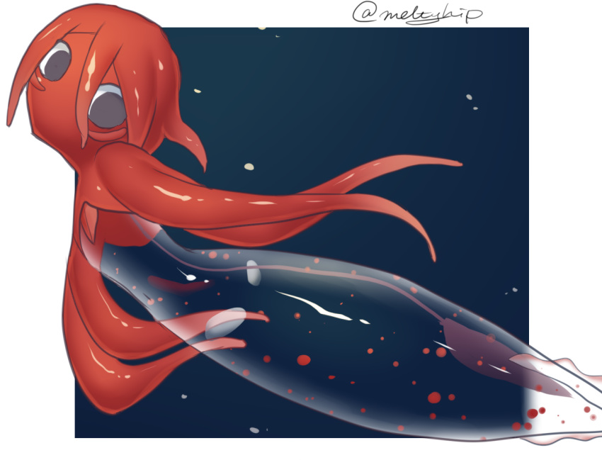 akira_(meltyhip) black_eyes colored_skin commentary_request female from_side looking_at_viewer looking_to_the_side monster_girl navel no_mouth original red_hair red_skin see-through_body solo squid squid_girl tentacle tentacle_hair twitter_username underwater wide-eyed