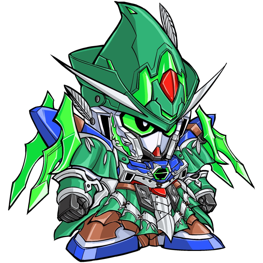 clenched_hands green_eyes gundam hat_feather highres mecha mobile_suit no_humans nyun_seki robinhood_gundam_age_2 robot science_fiction sd_gundam sd_gundam_world_heroes solo standing v-fin