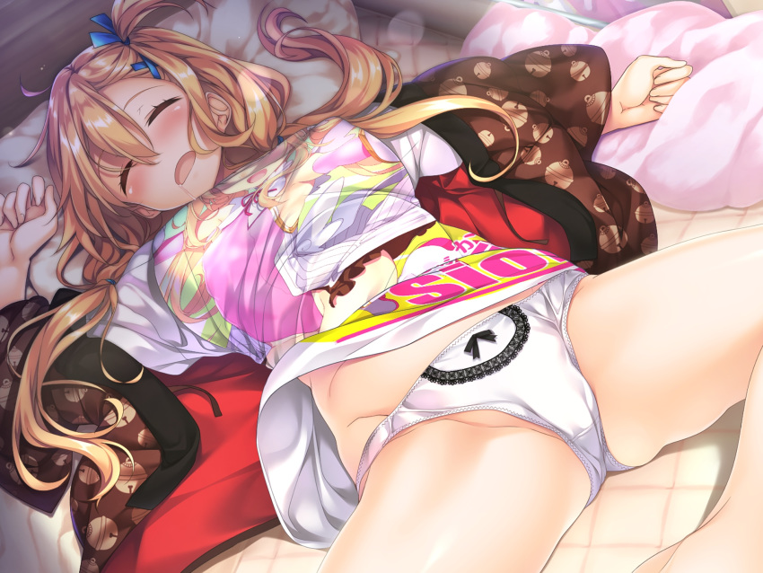 aikagi_2_(azarashi_soft) bell_print blonde_hair blush bow bow_panties closed_eyes drooling female game_cg gintarou_(kurousagi108) highres lace lace-trimmed_panties lace_trim long_hair lying no_pants official_art on_back on_bed one_side_up open_clothes open_mouth open_robe panties pillow robe solo spread_legs sumeragi_ayano underwear white_panties