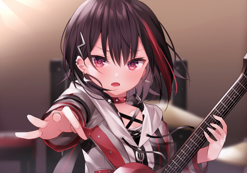 amplifier bang_dream! black_hair blurry blurry_background bob_cut choker cymbals earrings electric_guitar female grey_hoodie guitar hair_ornament hairclip highres hood hoodie instrument jewelry keyboard_(instrument) komomo_(ptkrx) long_sleeves looking_at_viewer mitake_ran multicolored_hair open_mouth perspective piercing purple_eyes red_hair short_hair solo streaked_hair upper_body