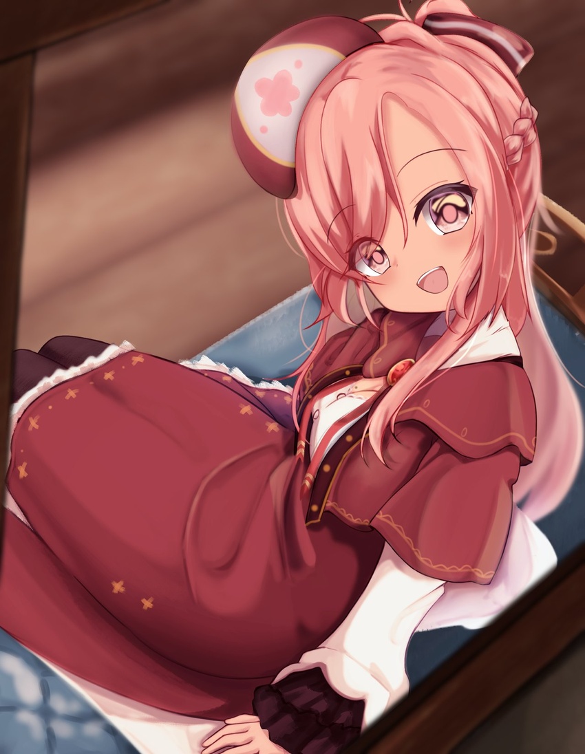 bobicess braid breasts cleavage dress english_commentary female hat head_tilt highres leggings looking_at_viewer looking_up medium_breasts nini_yuuna nini_yuuna_(2nd_costume) open_mouth pink_hair red_dress sitting smile solo tied_hair tsunderia virtual_youtuber