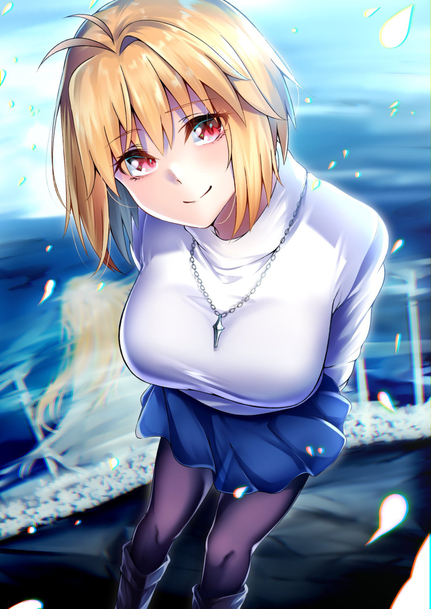 antenna_hair arcueid_brunestud arms_behind_back black_pantyhose blonde_hair blue_skirt blush boots breasts chain_necklace chains closed_mouth commentary_request dutch_angle feet_out_of_frame female from_above head_tilt highres jewelry large_breasts leaning_forward len_(hand_linke) looking_at_viewer miniskirt necklace night outdoors pantyhose petals pleated_skirt red_eyes short_hair sidelocks single_hair_intake skirt smile solo standing sweater tsukihime tsukihime_(remake) turtleneck turtleneck_sweater upturned_eyes white_sweater