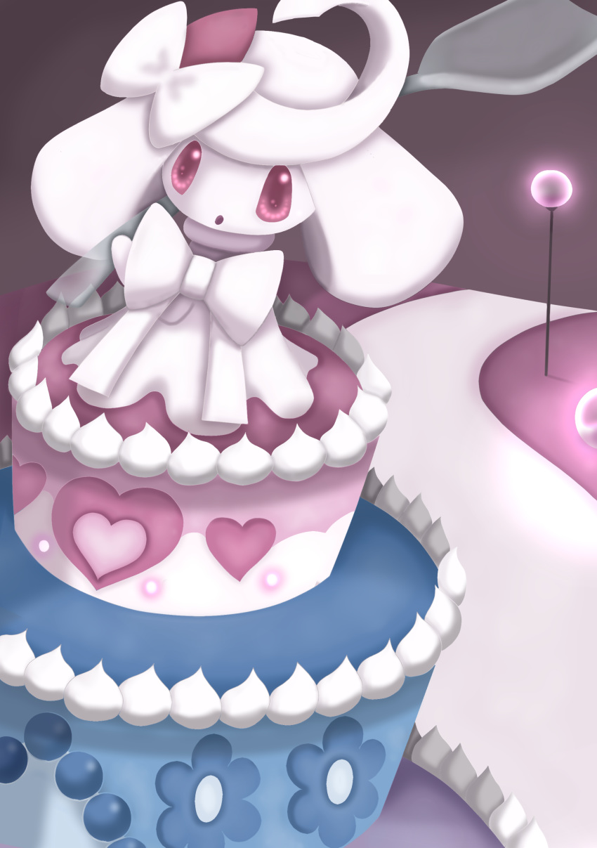 absurdres alcremie commentary english_commentary full_body gigantamax gigantamax_alcremie heart highres lamppost looking_at_viewer no_humans pakku-fangirl pokemon pokemon_(creature) purple_eyes solo