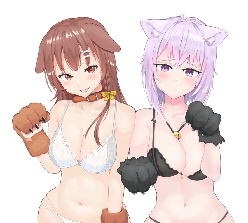 2girls absurdres animal_ear_fluff animal_ears animal_hands bell black_bra black_panties blush bone_hair_ornament bow bra braid breasts cat_ears cat_girl cleavage collar collarbone dog_ears dog_girl embarrassed english_commentary fangs gloves hair_ornament hairbow hairclip highres hololive inugami_korone medium_breasts multiple_girls navel nekomata_okayu open_mouth pandas_(atpandas) panties paw_gloves paw_pose underwear underwear_only virtual_youtuber white_background white_bra white_panties yellow_bow