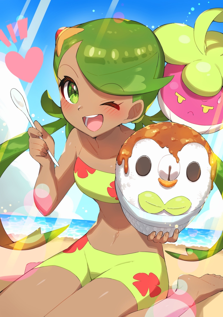 ;d absurdres barefoot bikini bikini_shorts bounsweet bowl breasts cloud collarbone commentary_request dark-skinned_female dark_skin day eyelashes female fingernails floral_print food green_bikini green_eyes green_hair heart highres holding holding_bowl holding_spoon long_hair looking_at_viewer mallow_(pokemon) navel one_eye_closed open_mouth outdoors pokemon pokemon_(anime) pokemon_(creature) pokemon_sm_(anime) print_bikini rowlet sand shaved_ice shore shorts sitting sky small_breasts smile spoon starfish_hair_ornament staryu swept_bangs swimsuit taisa_(lovemokunae) teeth themed_object toes tongue twintails water