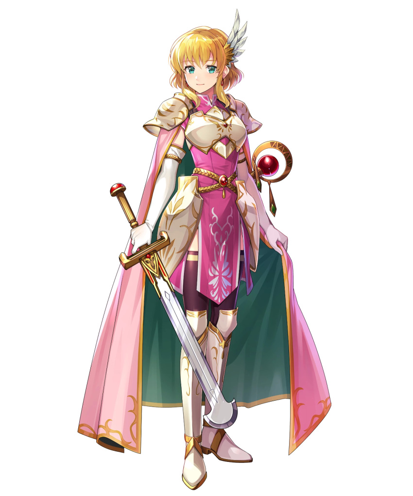 armor black_thighhighs blonde_hair blue_eyes breastplate cape chachie dress elbow_gloves female fire_emblem fire_emblem:_thracia_776 fire_emblem_heroes full_body gloves greaves highres holding holding_sword holding_weapon lands_sword looking_at_viewer nanna_(fire_emblem) non-web_source official_art pauldrons pink_cape pink_dress short_hair shoulder_armor smile solo standing sword thighhighs transparent_background weapon white_armor white_gloves wing_hair_ornament